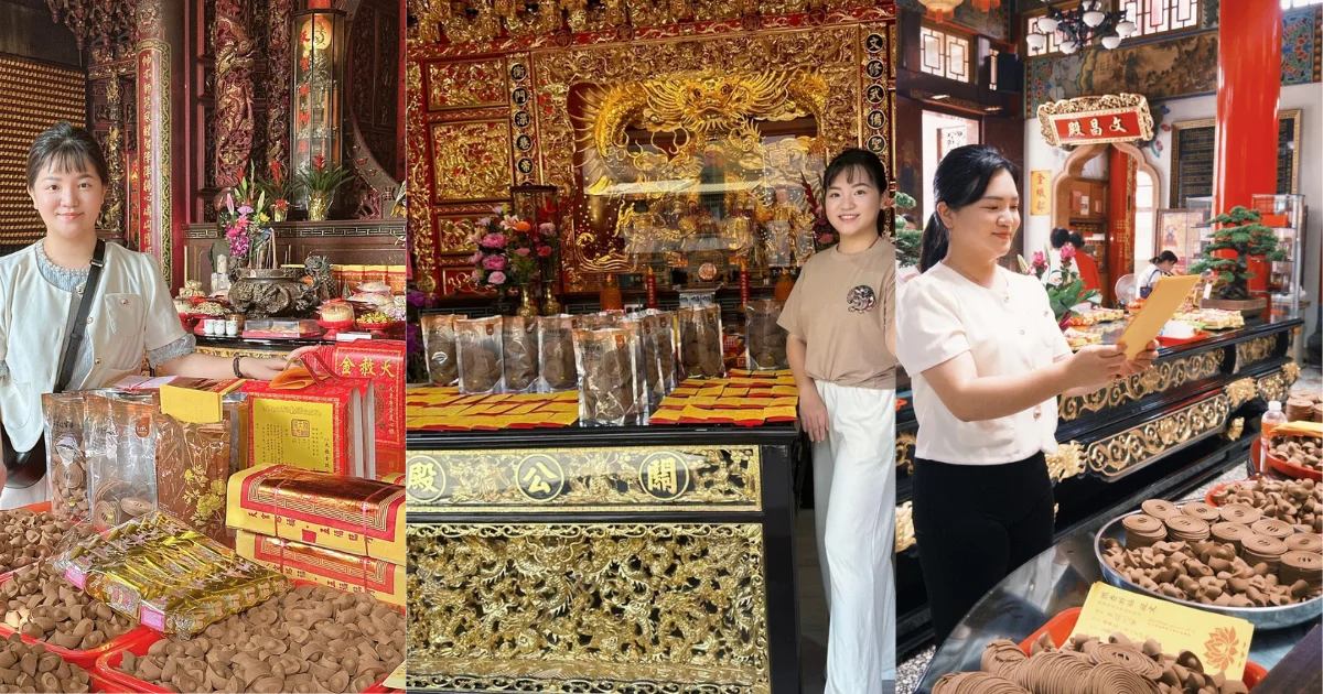 喜真於廟宇參與祈福活動的三幅拼接形象照